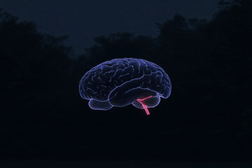 Poster - Illuminated Brain: A detailed, glowing outline of a human brain, suspended against a deep dark background, representing the intricate workings of the mind and the wonders of human thought.
