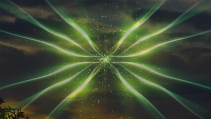 Poster - animation of glowing green light trails forming symmetrical pattern in cloudy sky