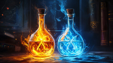 Poster - Two bottles containing fire inside creating a striking visual contrast between light and darkness in an artistic glass display.
