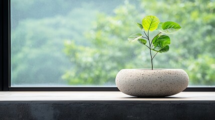 Poster - Small green plant in white pot on windowsill
