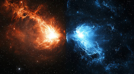 Poster - the celestial collision of light and darkness showcasing a vibrant nebula surrounded by stars in the