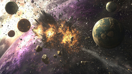 Poster - A dynamic space scene featuring planets and asteroids in motion capturing the collision of celestial bodies in the cosmic expanse.