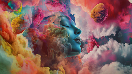 Wall Mural - a woman's face surrounded by whimsical colorful clouds, symbolizing the fusion of emotions and imagi