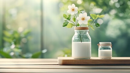 Poster - Sunlit milk bottle and jar on windowsill