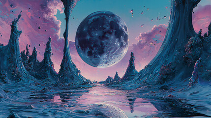 Poster - Enchanted planetary vision of a celestial body reflecting in a liquid sky filled with dreamlike colors and ethereal light effects.