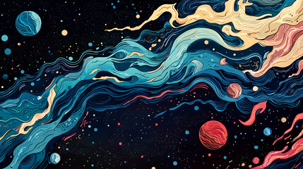 Poster - A colorful abstract background featuring vibrant swirls and shapes that evoke a sense of movement and cosmic harmony in artistic expression.