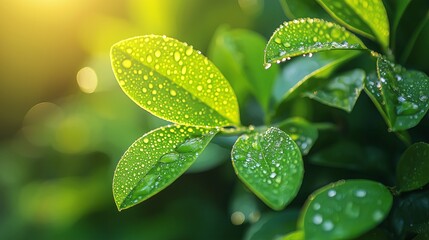 Poster - A close-up of morning dew on vibrant green leaves, glowing under sunlight