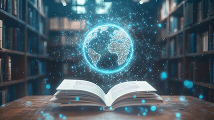 Poster - Open book with glowing Earth, showcasing global knowledge in a library
