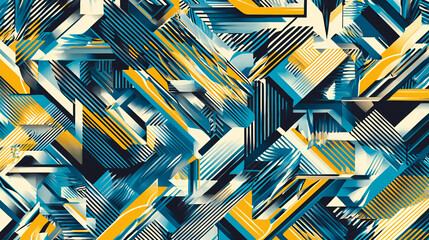 Poster - Vibrant angular shapes layered in a rhythmic pattern with a striking blue and yellow color scheme for a contemporary art piece.