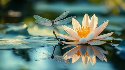 Poster - A delicate dragonfly resting on a lotus floating in a tranquil pond