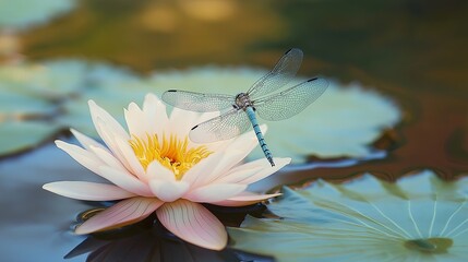 Poster - A delicate dragonfly resting on a lotus floating in a tranquil pond