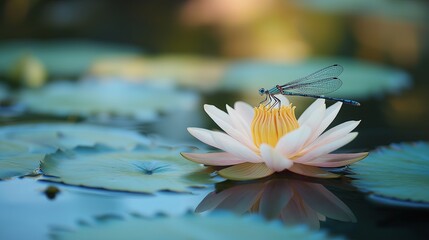 Poster - A delicate dragonfly resting on a lotus floating in a tranquil pond