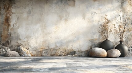 Poster - elegant workspace scene featuring vases and a wall in a flat lay perspective with stylish stone acce
