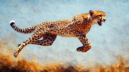 Poster - Abstract polygonal minimalist representation of a cheetah in motion with geometric shapes and vibrant colors