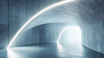 Poster - Abstract curved concrete tunnel with glowing neon lines, showcasing a modern architectural design ideal for product displays or futuristic presentations, offering blank space for text or logos