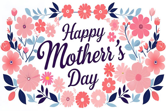 Elegant Floral Mother's Day Digital Illustration with Cursive Happy Mother's Day Text and Vibrant Pink, Coral, and Blue Flowers