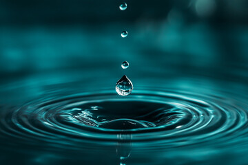 Poster - Teal water droplet falling, creating concentric ripples on a calm surface, showcasing purity, serenity, and the delicate balance of nature