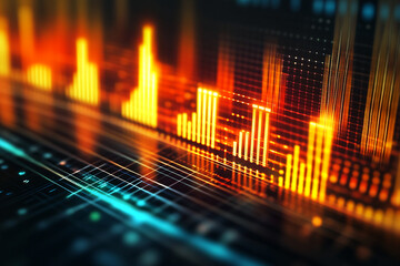 Poster - Abstract image of glowing orange and teal digital bars, resembling a dynamic data visualization or audio equalizer, showcasing technological advancement and progress
