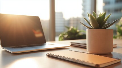 Poster - Sunlit workspace featuring a laptop, notebooks, and a succulent plant in a modern office setting