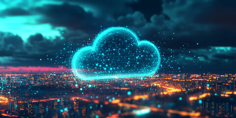 Poster - Digital cloud icon over illuminated cityscape at night, symbolizing cloud computing, data storage, and global network connectivity