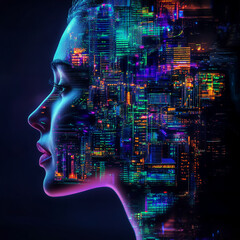 Poster - Profile of a woman's face, overlaid with a vibrant cityscape, showcasing a blend of human and digital elements, symbolizing technological integration or futuristic concepts