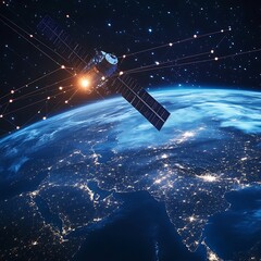 Poster - Satellite orbiting Earth, connected by network.  Visible city lights across continents