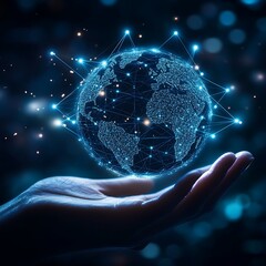 Poster - Global interconnectedness.  A hand holds a digital representation of Earth, enveloped by a network of lines, symbolizing global communication and technology