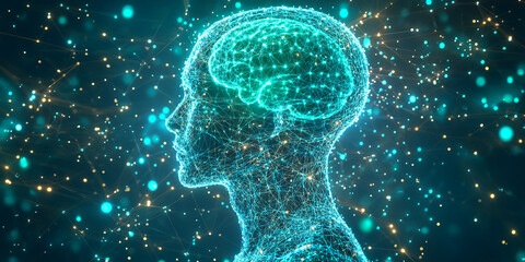 Poster - Abstract profile of head with glowing brain, network connections, and particles, symbolizing artificial intelligence, neural network, or digital mind