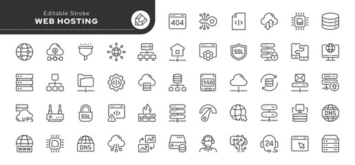 Web hosting line icon set. Webspace, data, server, domain, cloud, traffic, website and more. Outline vector icon in linear style. Pictogram collection	