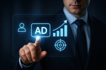 Poster - Advertising and Growth: A businessperson navigates the digital realm, touching the 