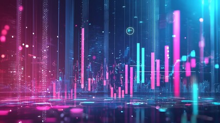 Poster - Futuristic cityscape with data visualizations.  A vibrant, digitally rendered city scene overlaid with dynamic financial charts and graphs.  Abstract, glowing lines and shapes representing data points