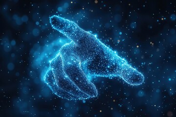 Poster - Abstract digital representation of a pointing hand in vibrant blue particle effect
