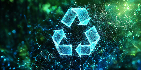 Poster - Abstract blue recycle symbol, polygonal style, on dark green bokeh background, showcasing environmental consciousness and sustainable practices