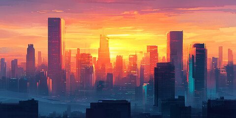 Poster - Cityscape illustration at sunset, warm orange and red hues dominate the sky, tall buildings silhouetted against the light, showcasing a vibrant urban scene