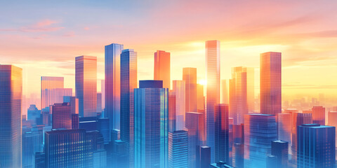 Poster - Sunrise cityscape, warm-toned skyscrapers, hazy atmosphere, conveying urban energy, progress, and opportunity, ideal for business or technology themes