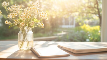Wall Mural - fresh flowers in a jar beside a notebook and open books on a sunlit table in a serene garden setting