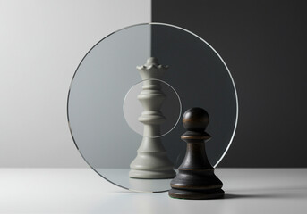 Poster - Chess pawn and queen behind transparent disc on white table against black and white background. Chess pieces composition with pawn in front of queen and transparent circle