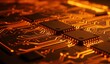 © sitifatimah - Close-up of microchips on circuit board illuminated in orange light showcasing technology and innovation.