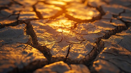 Poster - A hyper-detailed close-up of cracked desert earth with golden highlights
