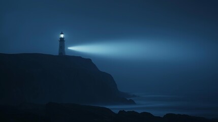 Poster - A lighthouse beaming across a dark, misty coastline at night