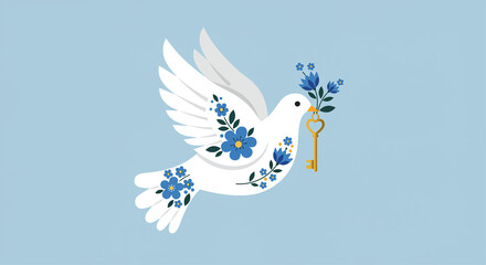 Poster - Dove with Flowers and Key Peace Symbol Illustration. White dove carrying a key and flowers in its beak peace and love concept