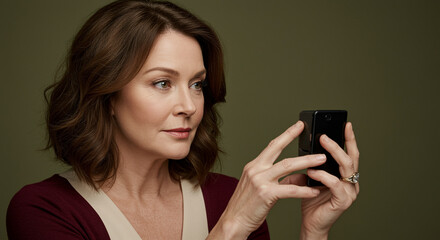 Poster - Woman taking photo with smartphone using smartphone photography and posing in studio with olive background. Middle aged woman using smartphone for photography
