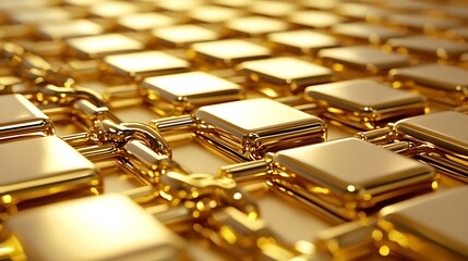 Poster - Golden interconnected squares, suggesting digital network or futuristic technology.  A grid pattern of gleaming, golden cubes linked by chains, creating a complex and visually rich abstract design