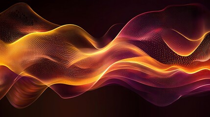Fototapete - Abstract digital waves of vibrant gold and purple hues, with dotted textures, flowing over a dark background