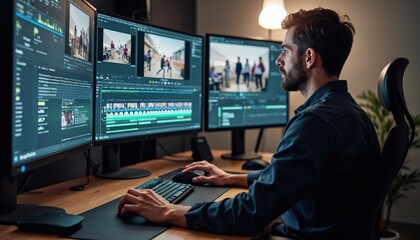 Fototapete - Video editor working on footage at desk. Modern workspace features multiple computer monitors. Man uses keyboard, mouse. Post production, video editing process. Cinematic, digital technology in media