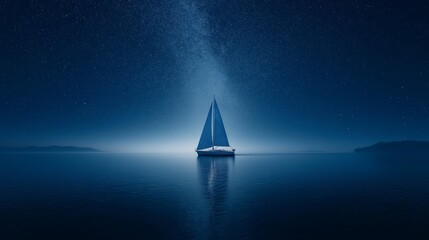 Poster - A sailboat moving across a perfectly calm ocean under a starry sky