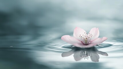 Poster - A single cherry blossom petal drifting on calm water.