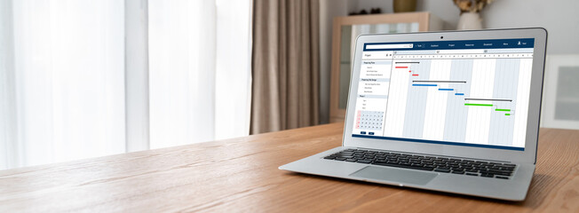 Poster - project planning software for modish business project management on the computer screen showing time