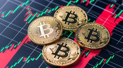 Poster - Bitcoin coins on a cryptocurrency chart.  Gold-colored Bitcoin symbols rest atop a screen displaying a volatile market graph with red and green trends