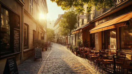 Aufkleber - A sunlit European street filled with cobblestones and vintage cafes